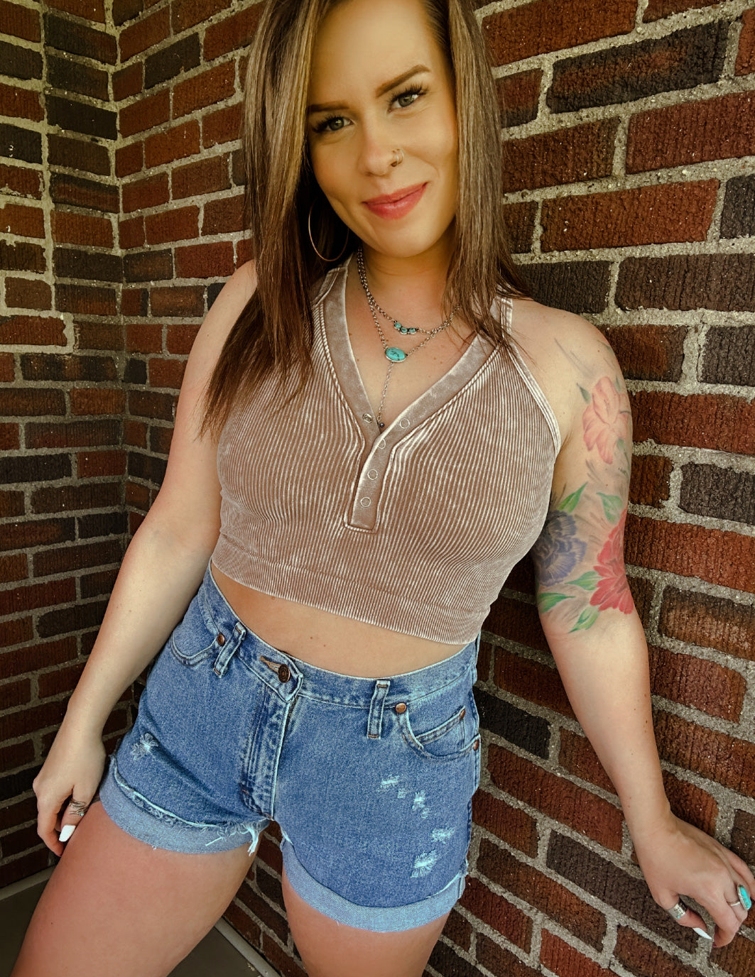 Seamless Button Tank In Mocha